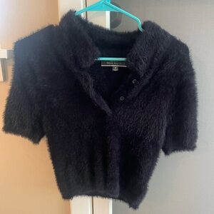 Blue Blush Furry Black Collared T-Shirt